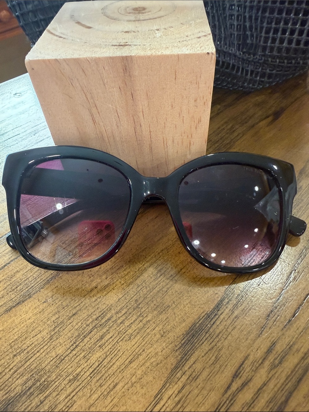 True Religion Black Cat-Eye Sunglasses with Gradient Purple Lenses